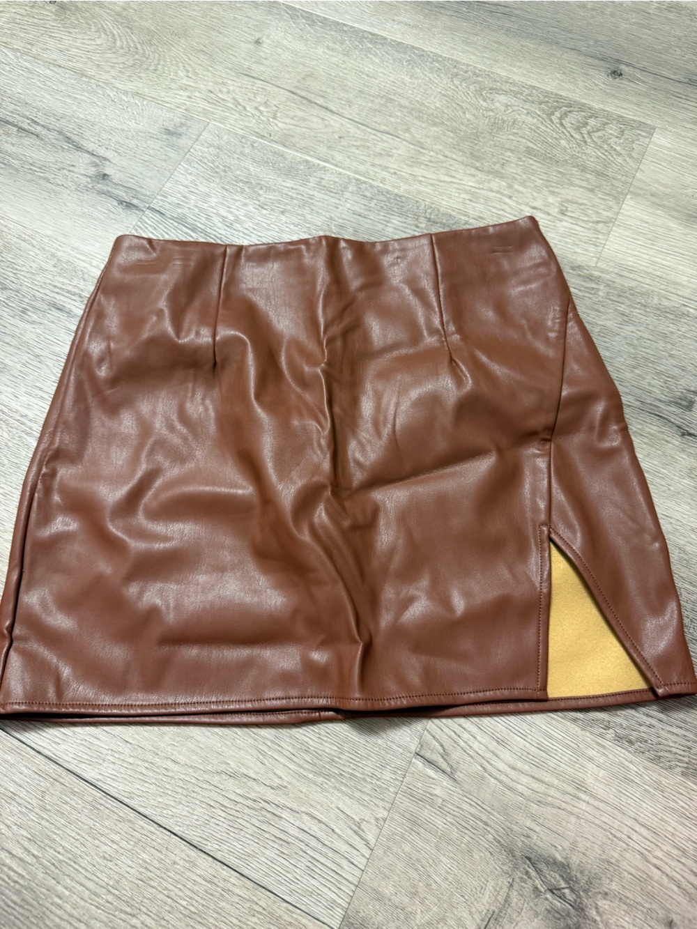 Tinseltown Brown Faux Leather Mini Skirt with Tan Accent